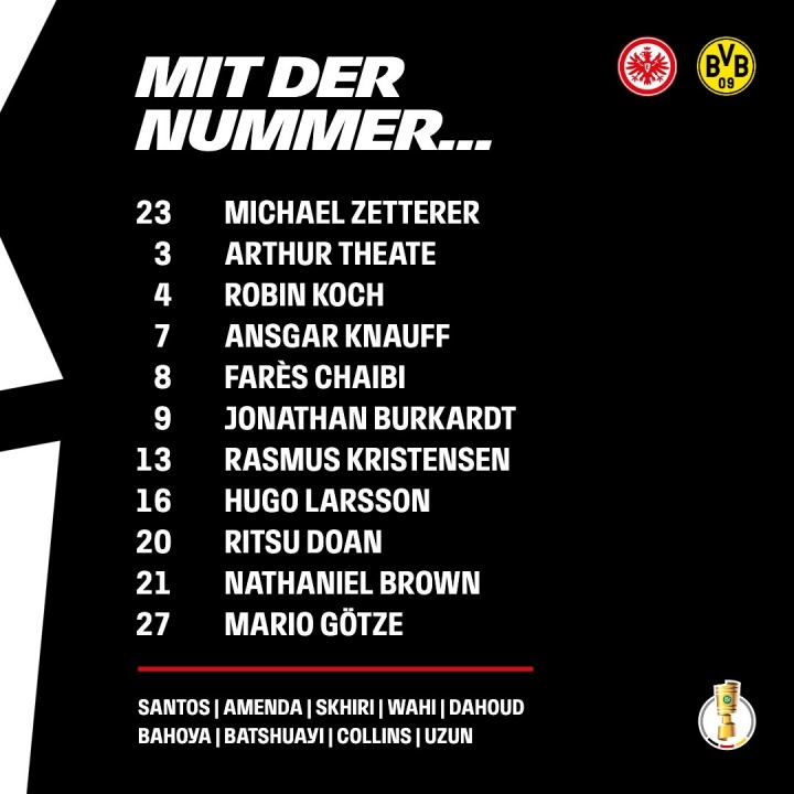 德国杯法鹰vs多特首发：堂安律、格策先发，小贝林、阿德耶米出战